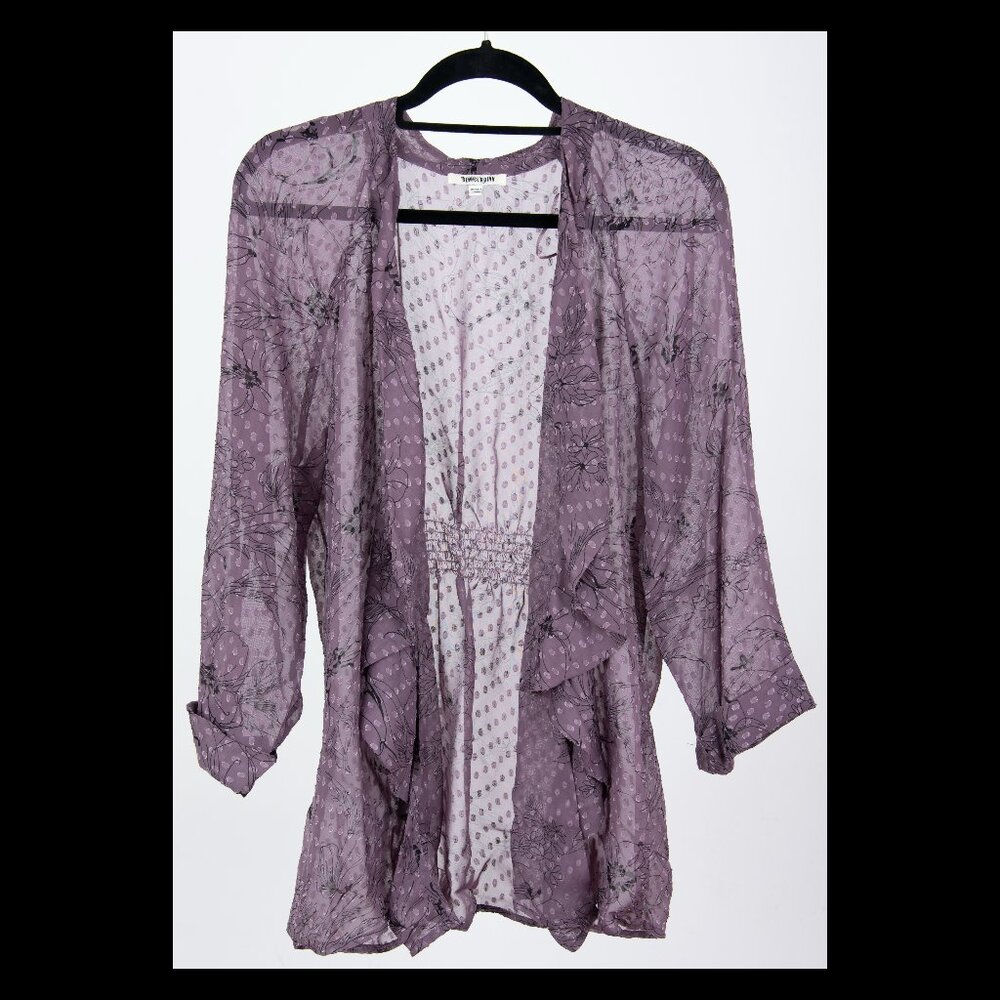 Daniel Rainn Womens Purple Floral Ruffle Trim 3/4 Sleeve Open Sheer Top XL EUC